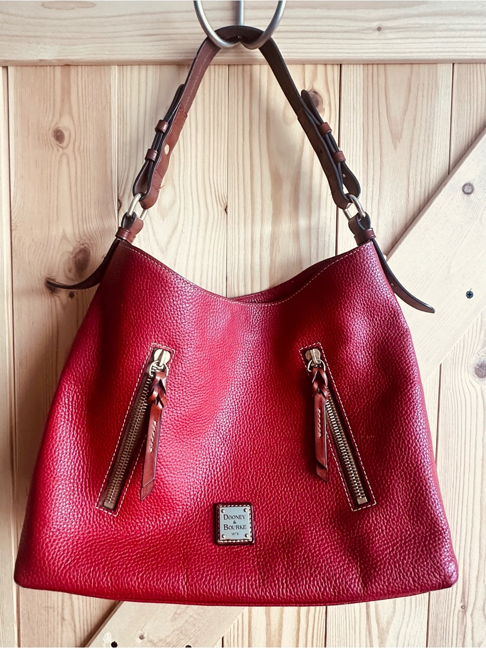 Dooney & Bourke Large Red Pebbled Leather Shoulder Hobo with Brown Trim